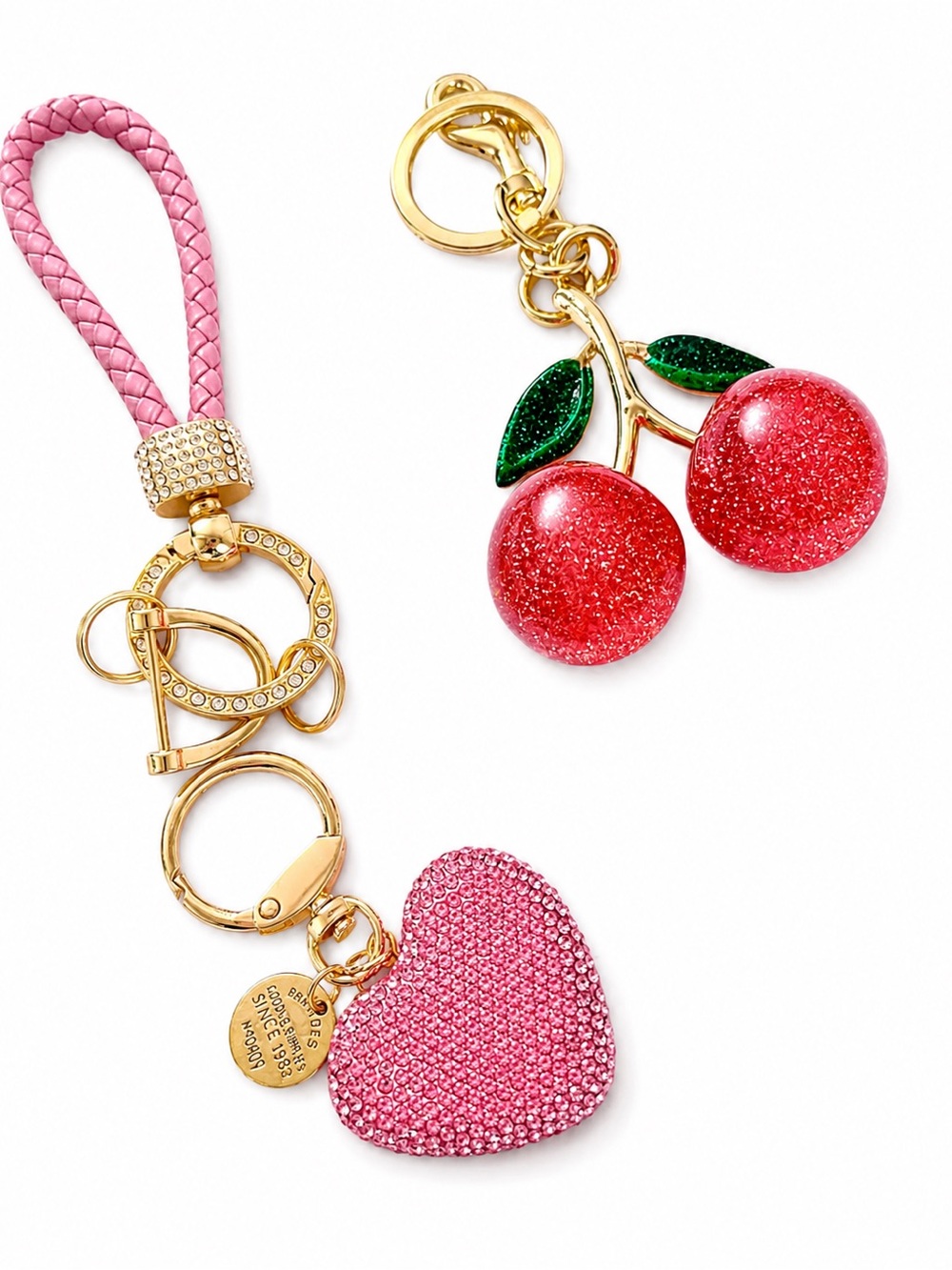 Pink Crystal Heart OR Cherry Keychain Charm Set